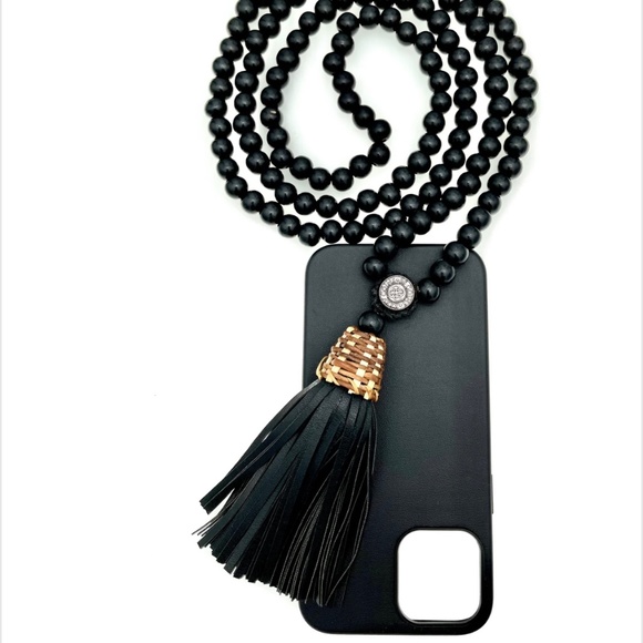 {35 Coins} Black Beaded iPhone 11 & XR Sash | Leather Free People Necklace Case - Picture 1 of 16